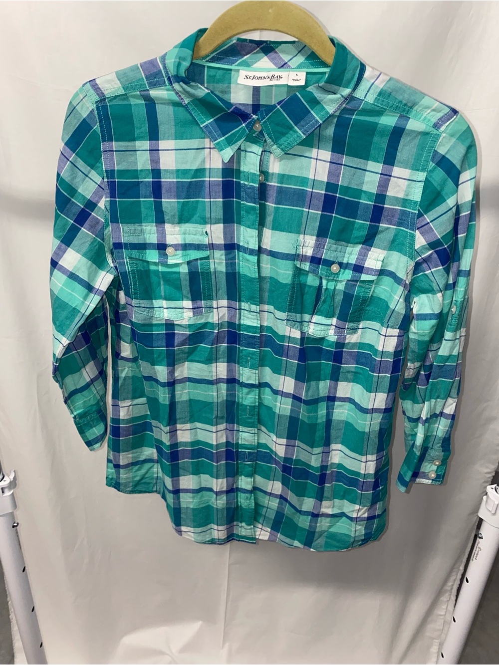 St. John's Bay Teal, Blue and White Plaid Button-Front Shirt